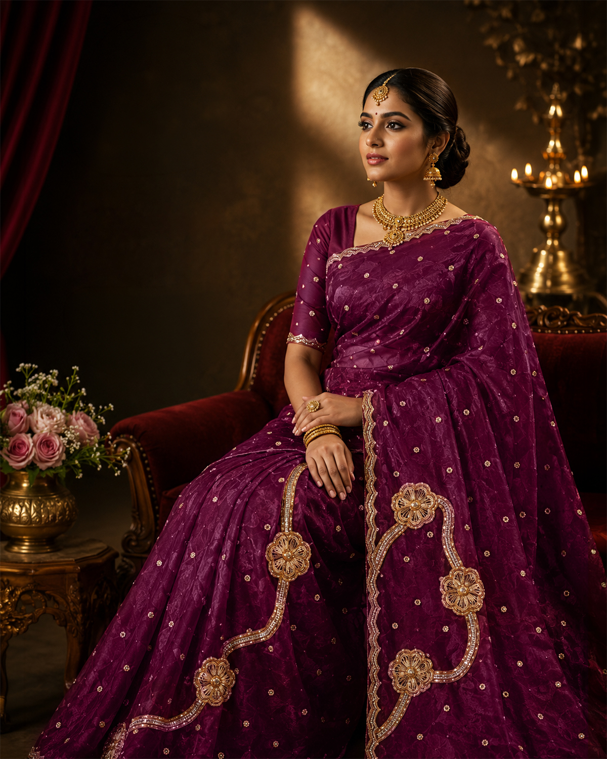 Model in a deep wine silk party-wear saree with gold embroidery and festive jewellery