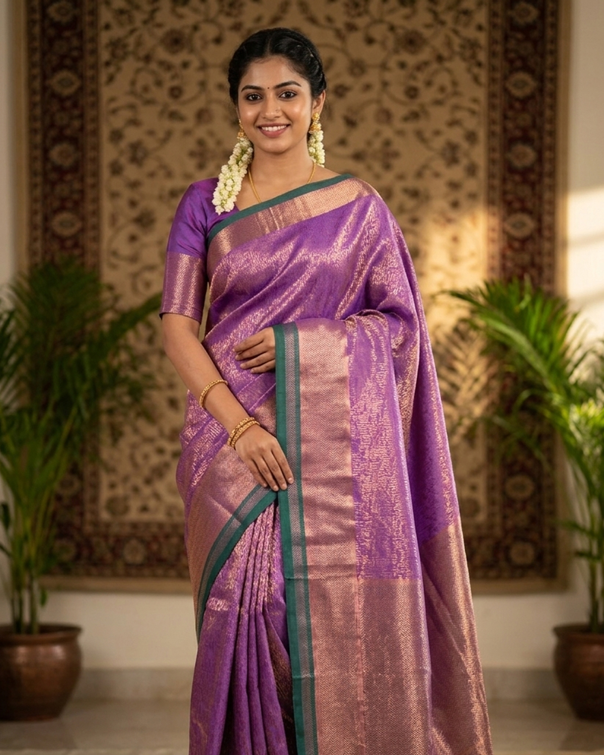 Model wearing a violet soft silk saree with a bottle-green border