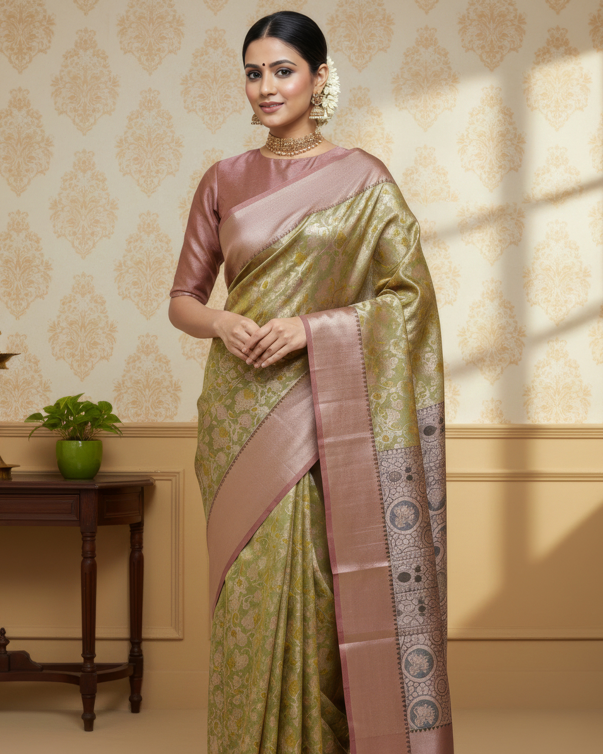 Model wearing an olive gold soft silk saree with a dusty rose zari border