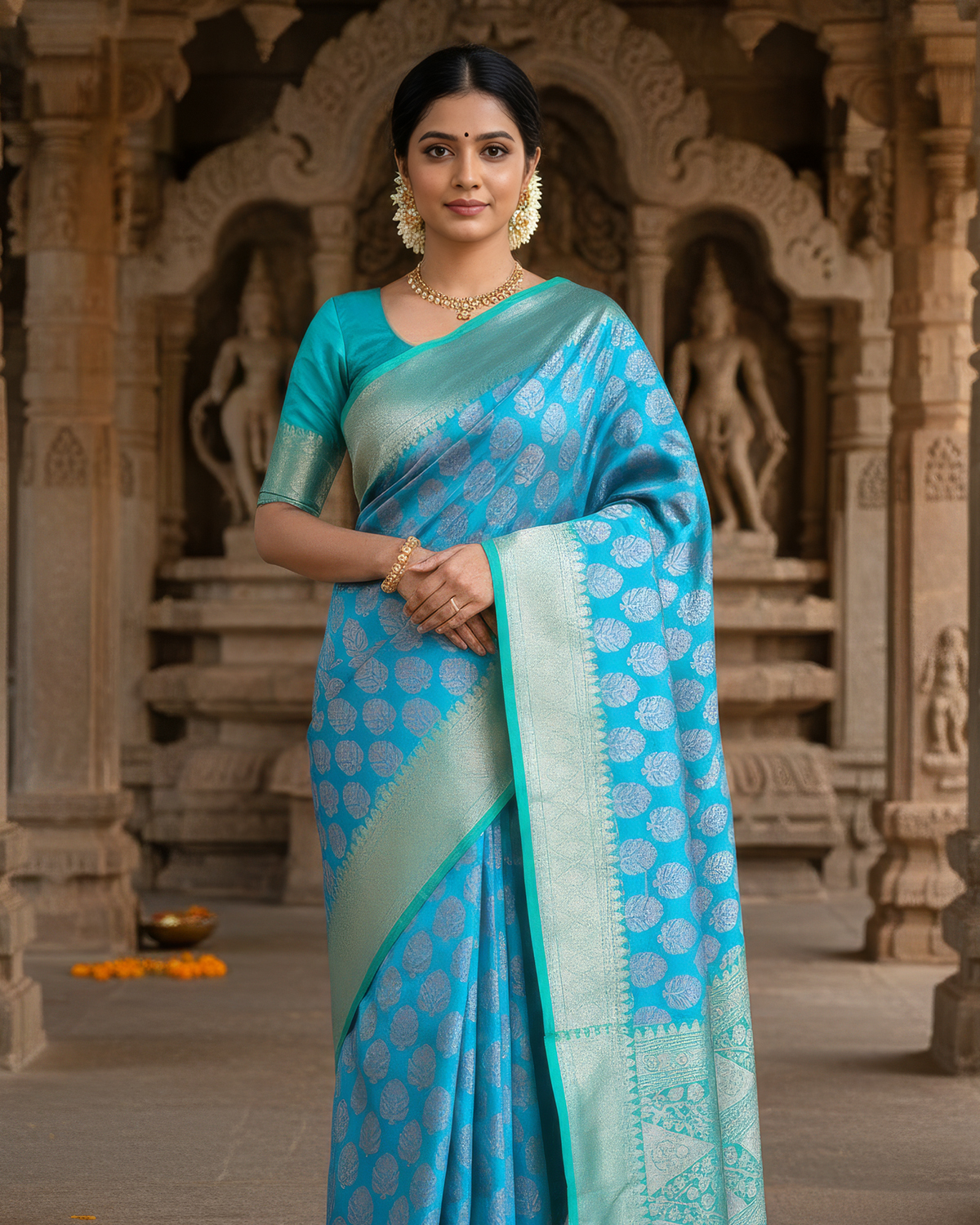 Model wearing a turquoise soft silk saree with a sea-green zari border