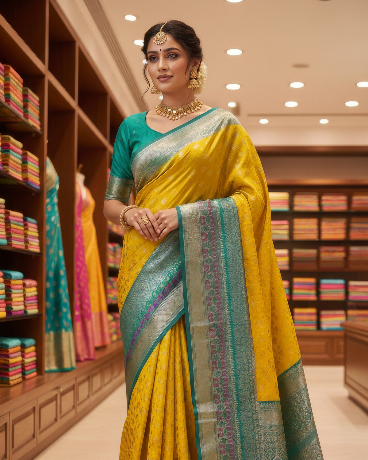 Model wearing a mustard yellow cotton saree with a teal-green border