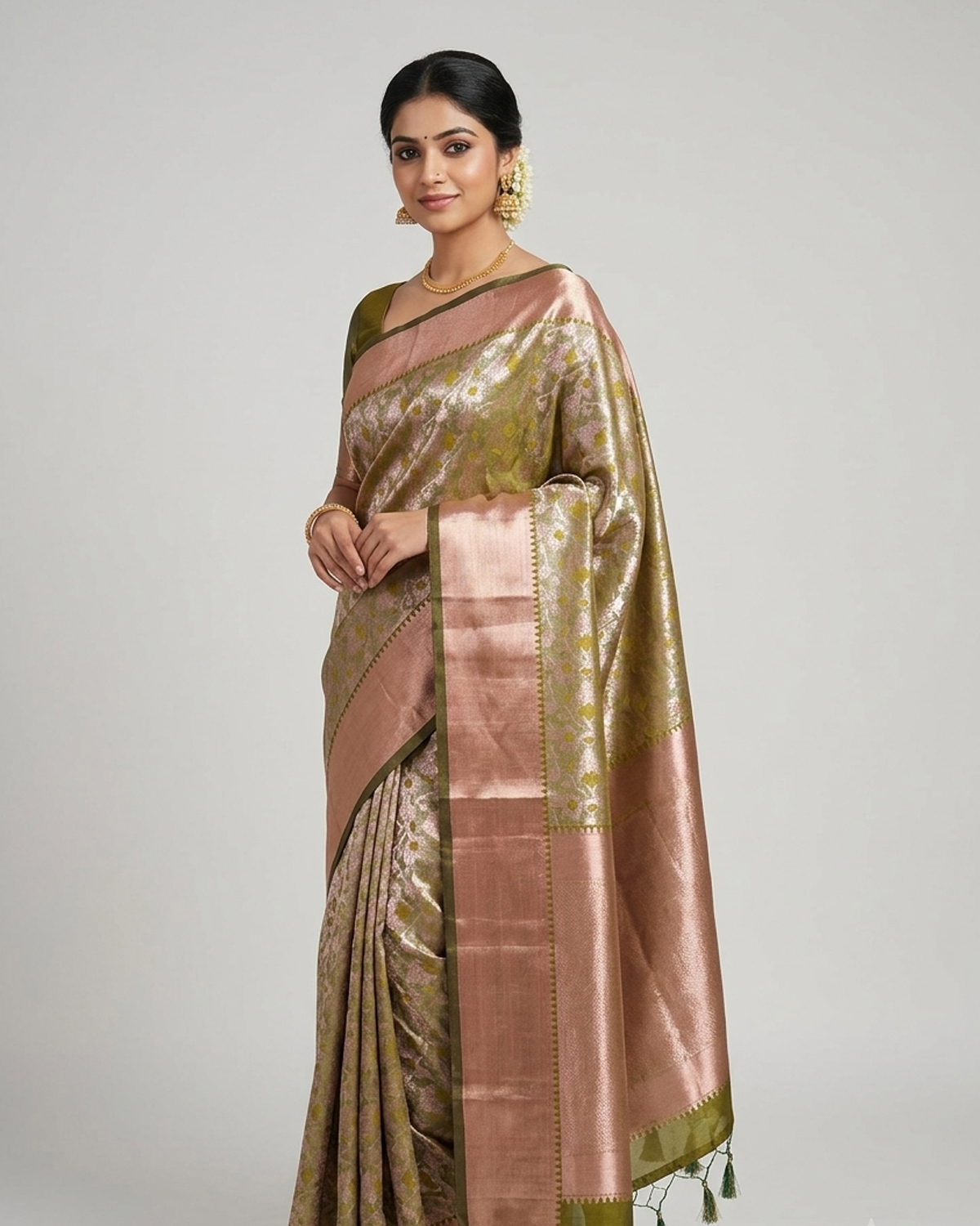 Model wearing a blush pink soft silk saree with an olive floral zari border