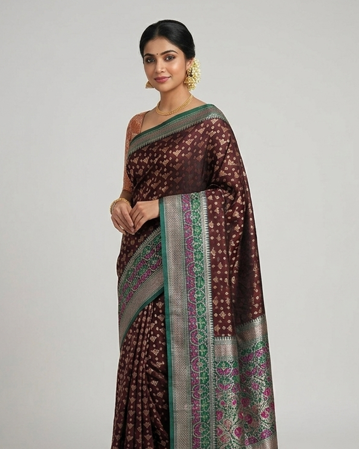 Model wearing a deep maroon soft silk saree with a gold diamond print
