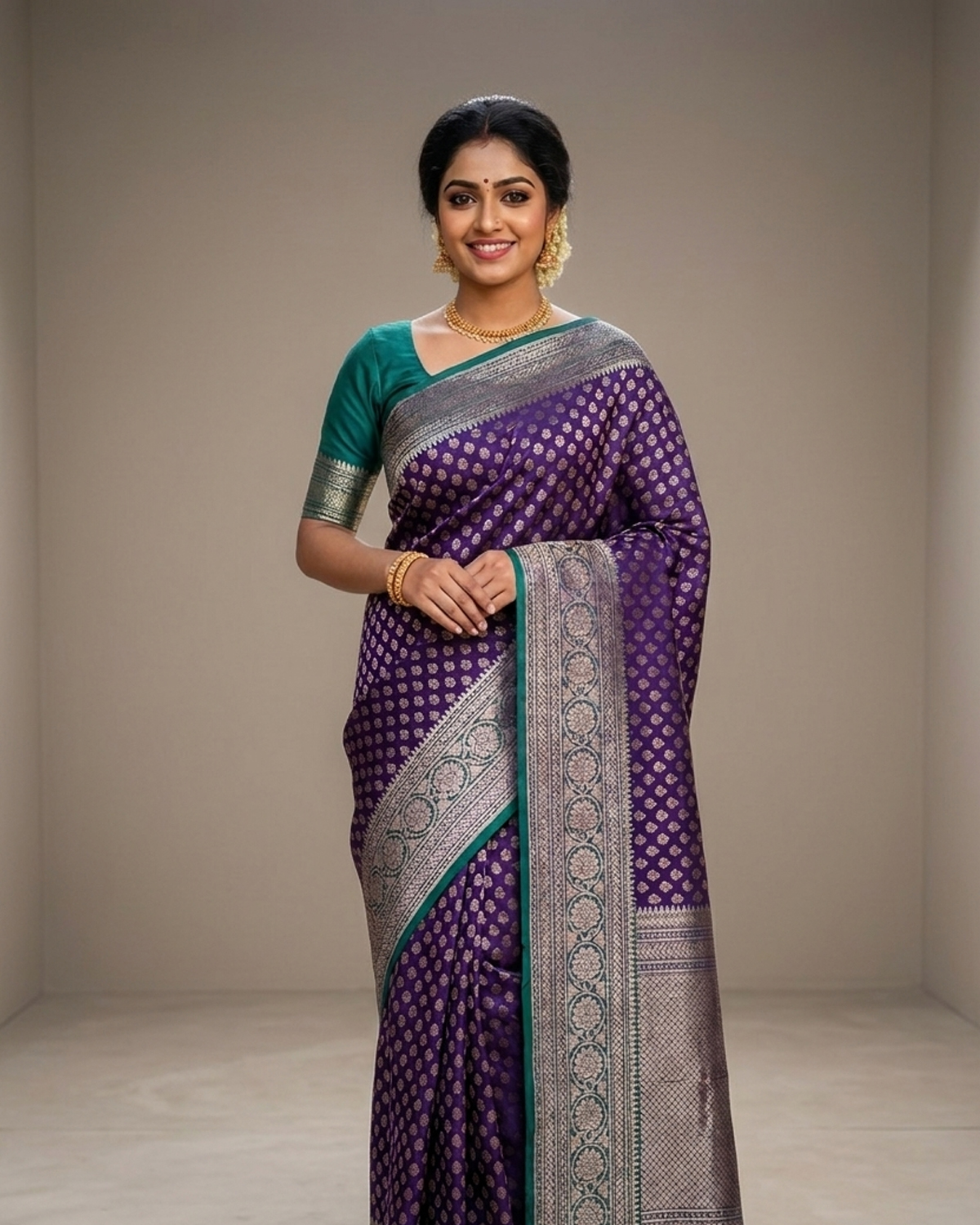 Model wearing a deep violet soft silk saree with a silver booti weave and teal blouse