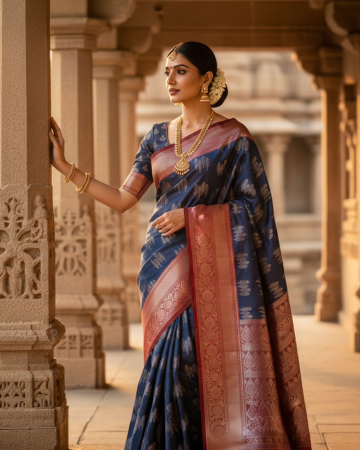 Model wearing a navy blue soft silk saree with a maroon-red zari border