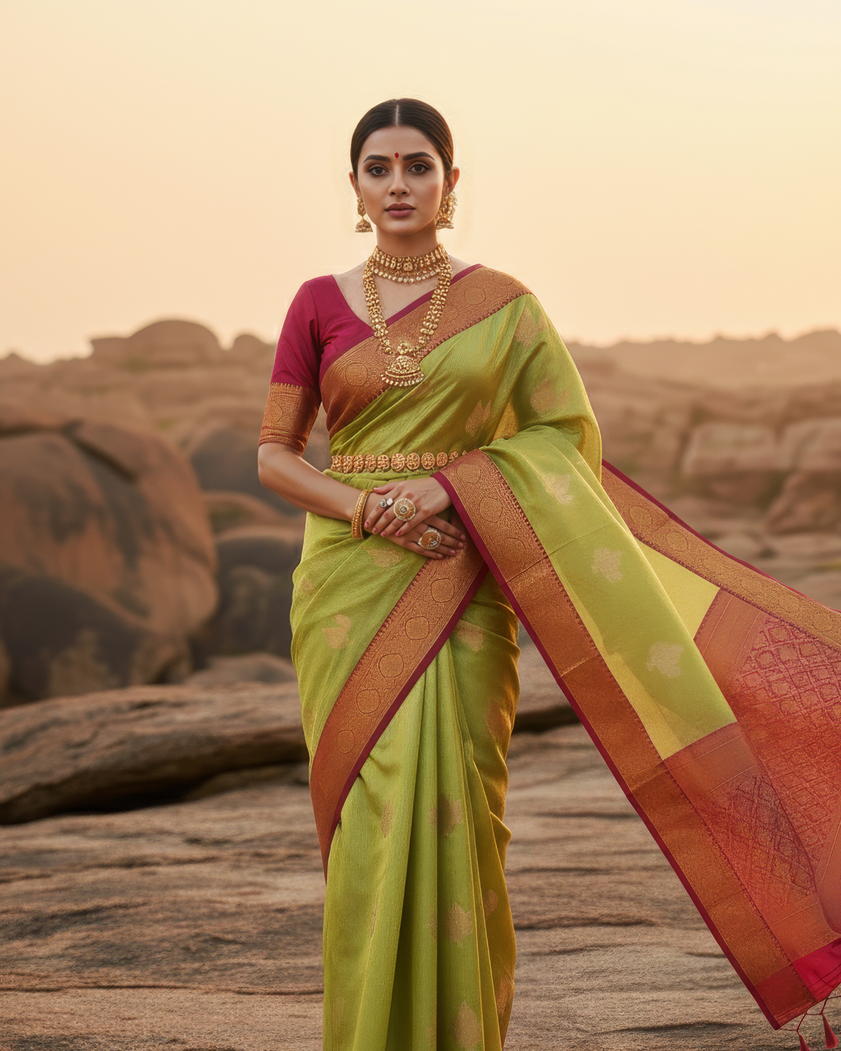 Model wearing a lime green soft silk saree with a bronze-gold circular motif border