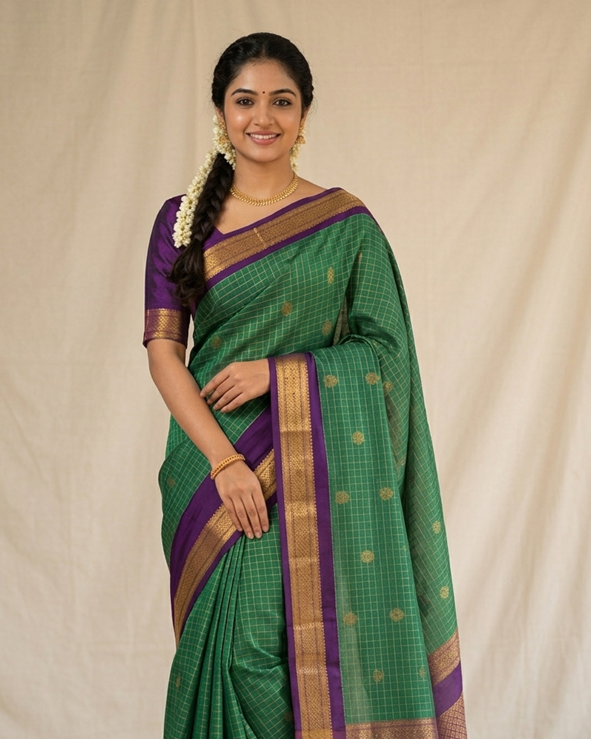 Model wearing a green checked soft silk saree with a purple and gold border