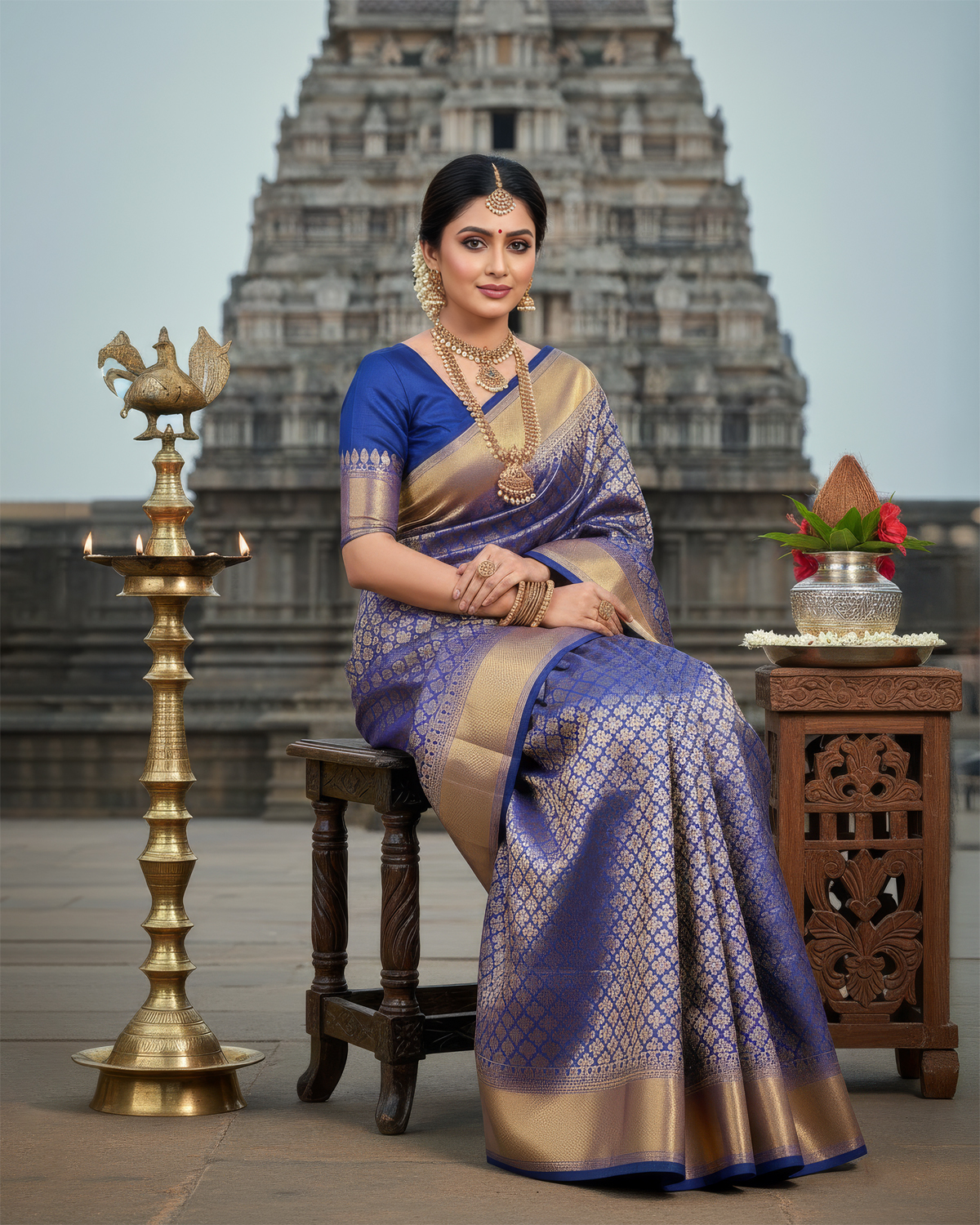 Model wearing a royal blue soft silk saree with a wide gold zari border, seated at a temple