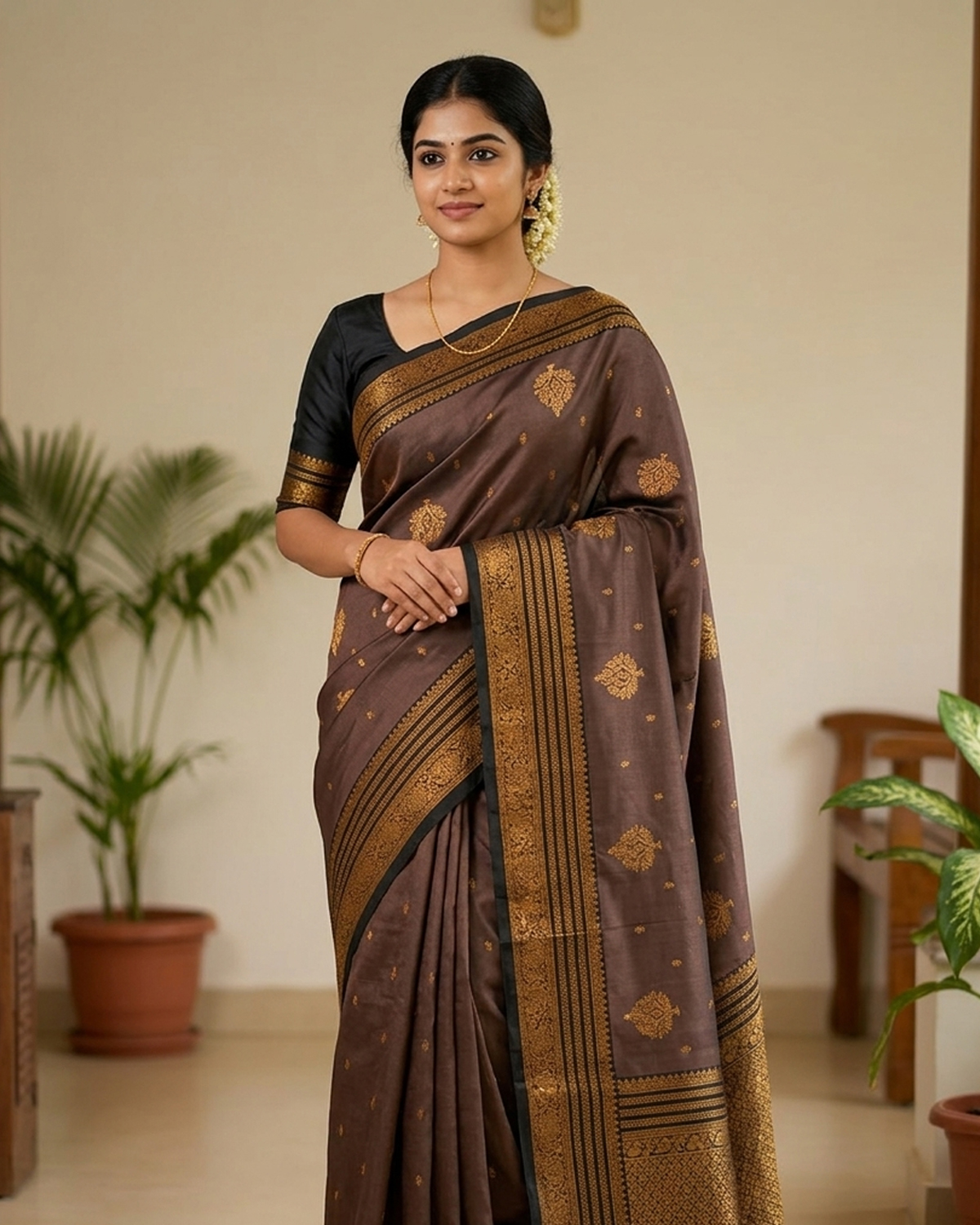 Model wearing a taupe brown cotton saree with a black-and-gold striped border