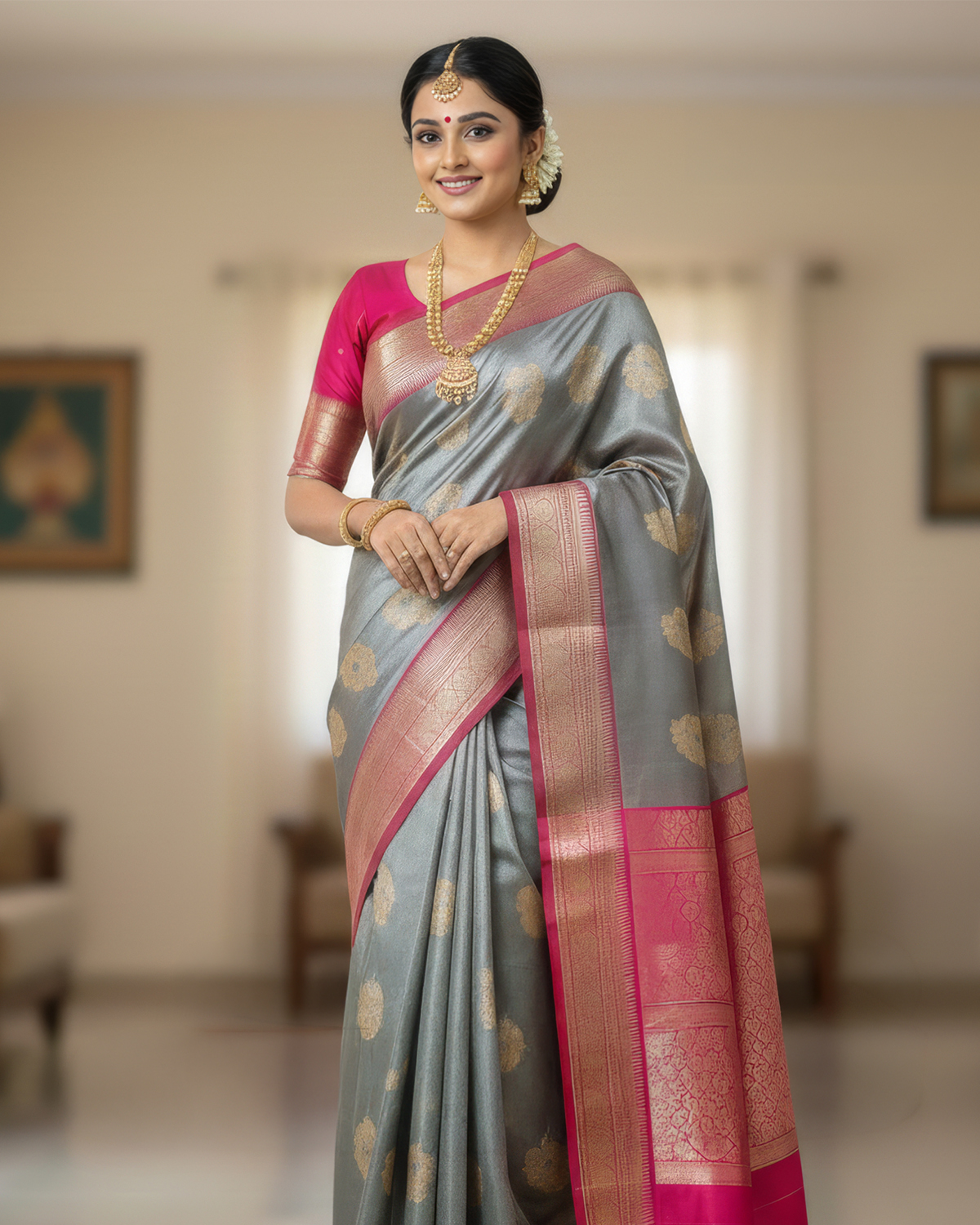 Model wearing a steel grey soft silk saree with a magenta-pink zari border