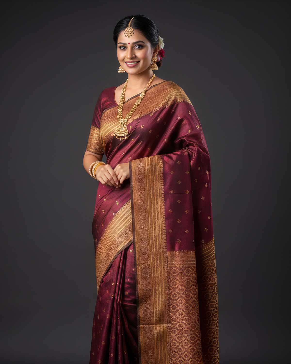 Model wearing a wine maroon cotton saree with a wide gold striped border