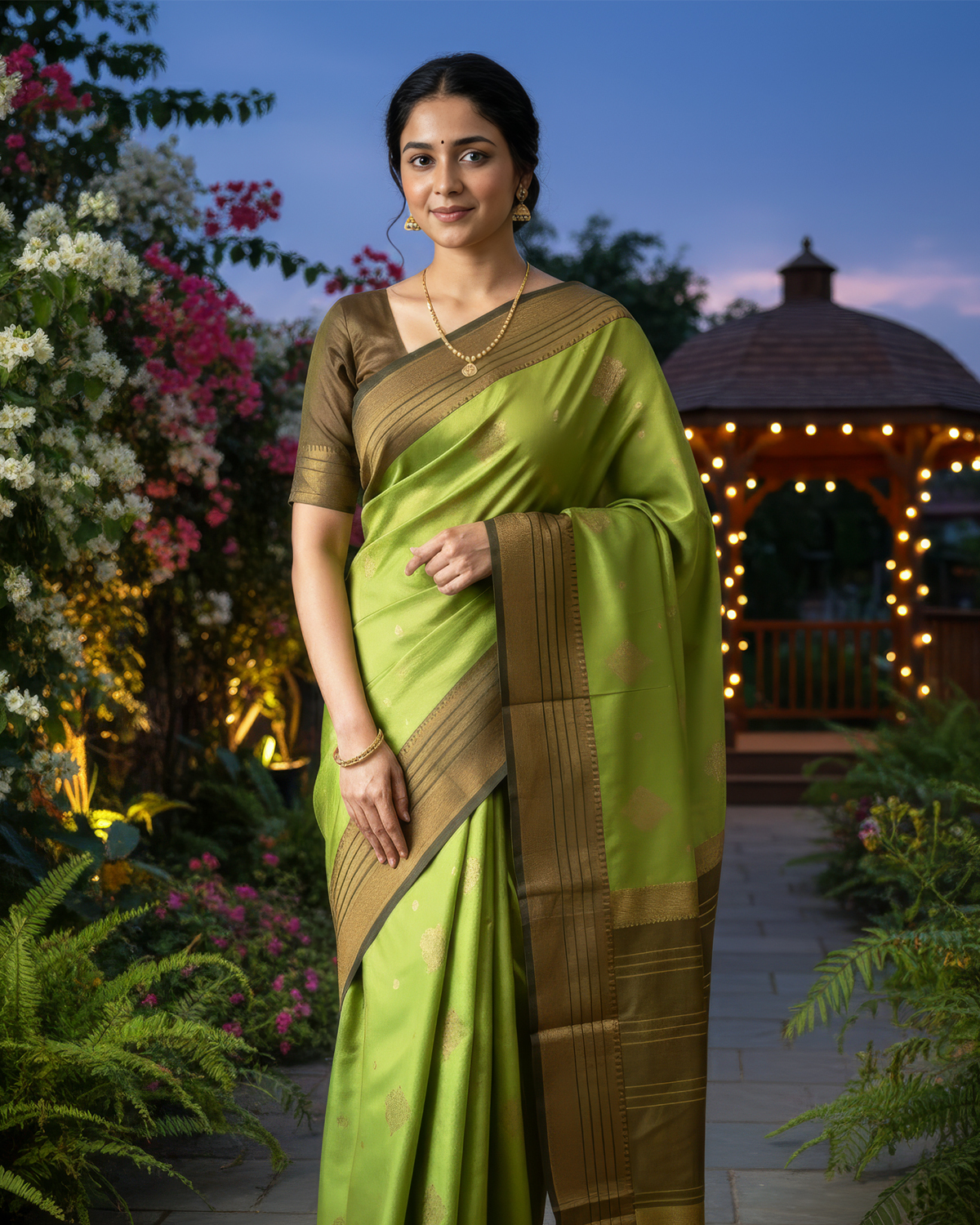Model wearing an olive green soft silk saree with an olive-gold striped border